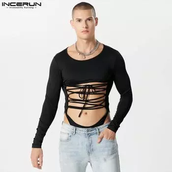 INCERUN Мужские комбинезоны на шнуровке с длинными рукавами Клубная одежда Полые боди