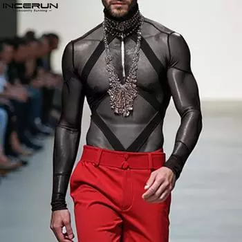 INCERUN Мужские комбинезоны с длинным рукавом и воротником-стойкой в полоску из сетчатой ткани, прозрачные облегающие трусы, комбинезоны S