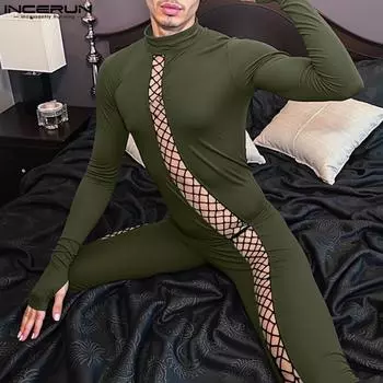 INCERUN Мужские комбинезоны с длинным рукавом в сетку в стиле пэчворк, длинные, домашняя одежда, облегающие комбинезоны S чёрный