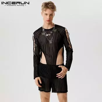 INCERUN Мужские комбинезоны с длинными рукавами и прозрачными полосками