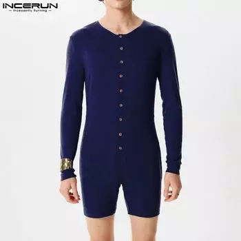 INCERUN мужские комбинезоны с длинными рукавами на пуговицах, домашняя одежда для фитнеса, пижамы-боксеры, трико S синий
