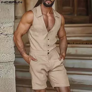 INCERUN Мужские комбинезоны с глубоким V-образным вырезом без рукавов на пуговицах, повседневные короткие комбинезоны