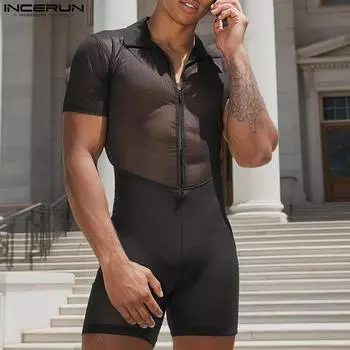 INCERUN Мужские комбинезоны с коротким рукавом, сетчатые, прозрачные, в стиле пэчворк, облегающие, пижамы, нижнее белье S