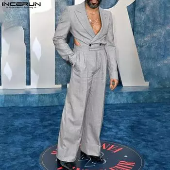 INCERUN Мужские комбинезоны с V-образным вырезом и длинным рукавом, повседневные комбинезоны на молнии S чёрный