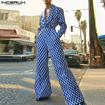 INCERUN Мужские комбинезоны с V-образным вырезом и длинным рукавом в клетку с принтом, длинные комбинезоны на пуговицах и молнии L синий