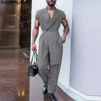 INCERUN Мужские комбинезоны с V-образным вырезом и длинным рукавом, неравномерные слои, на молнии, длинные комбинезоны S чёрный