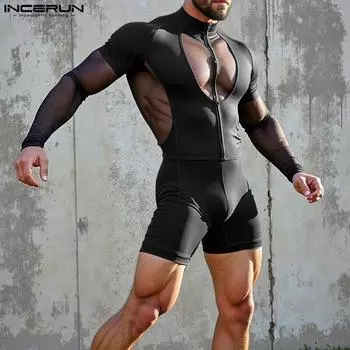 INCERUN Мужские комбинезоны с вырезом на молнии без рукавов в стиле пэчворк S чёрный