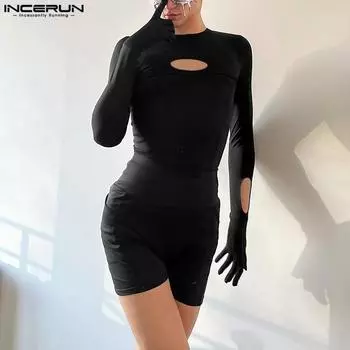 INCERUN Мужские комбинезоны с вырезом, приталенные, с длинным рукавом, с перчатками, на молнии S чёрный