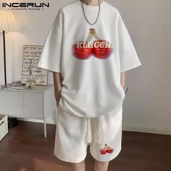 INCERUN мужские комплекты из 2 предметов, футболки с короткими рукавами и принтом, шорты с эластичной резинкой на талии, костюмы