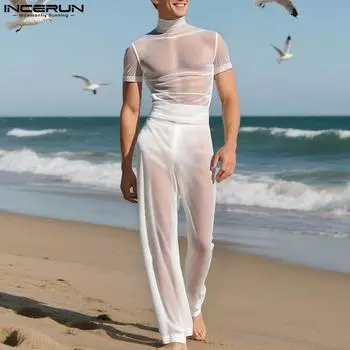 INCERUN Мужские комплекты из двух предметов: прозрачные сетчатые топы с коротким рукавом, эластичные брюки S