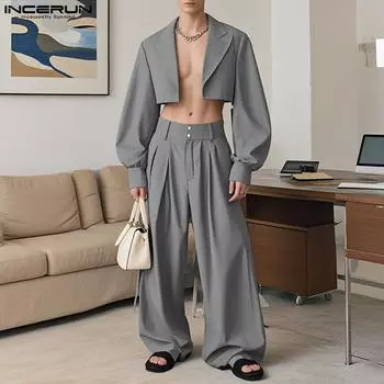 INCERUN Мужские комплекты из двух предметов: укороченные топы с длинными рукавами, застегивающиеся на молнию, с высокой талией, длинные прямые брюки S серый