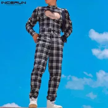 INCERUN Мужские комплекты из винтажных клетчатых топов и длинных брюк