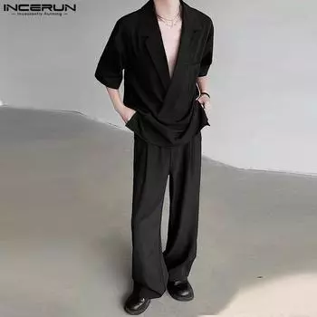 INCERUN Мужские комплекты V-образный вырез блейзер топы брюки длинные брюки офисный стиль повседневные костюмы 4XL чёрный