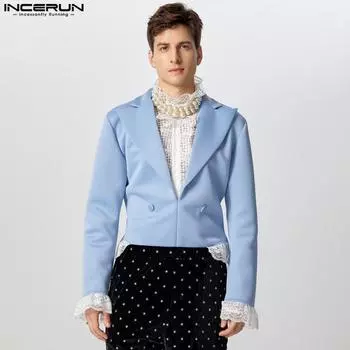 INCERUN Мужские короткие комбинезоны с глубоким V-образным вырезом и длинным рукавом, кружевным подолом S чёрный