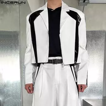 INCERUN Мужские короткие пальто с длинным рукавом в стиле пэчворк на молнии с лацканами