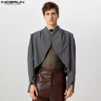 INCERUN Мужские короткие пиджаки с длинным рукавом, тонкие пальто, нестандартные укороченные топы S синий
