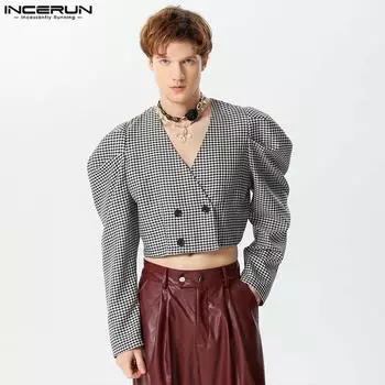 INCERUN Мужские короткие пиджаки в клетку с длинными рукавами и V-образным вырезом