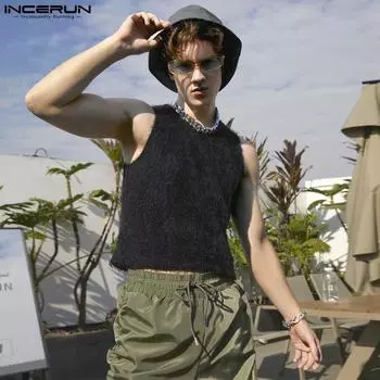 INCERUN Мужские короткие топы без рукавов из мехового флиса, укороченные топы