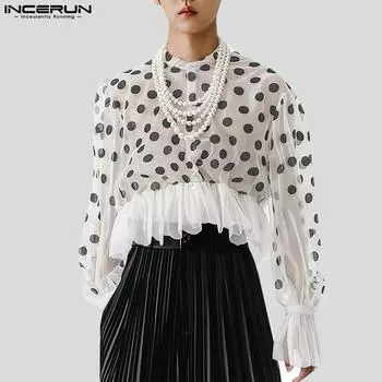 INCERUN Мужские короткие топы в горошек с воротником-стойкой, прозрачные рубашки в стиле пэчворк с оборками S белый