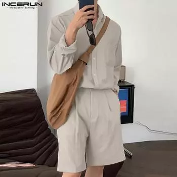INCERUN мужские костюмы-двойки с короткими рукавами, рубашки, широкие брюки, шорты, повседневные свободные костюмы