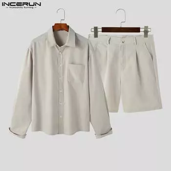 INCERUN мужские костюмы из 2 предметов с короткими рукавами, рубашки, широкие брюки, шорты, повседневные свободные костюмы