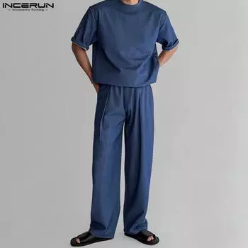 INCERUN мужские костюмы из двух предметов, свободный топ с круглым вырезом и короткими рукавами + брюки, повседневный комплект домашней одежды