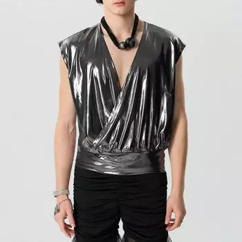 INCERUN мужские кожаные блестящие майки без рукавов с глубоким V-образным вырезом и рюшами, жилет 2XL королевский синий