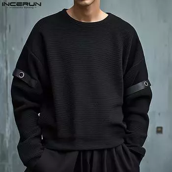 INCERUN мужские кожаные пуловеры с длинными рукавами и круглым вырезом с пряжкой, толстовки