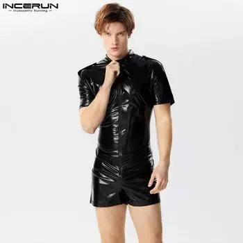 INCERUN Мужские кожаные шорты с короткими рукавами и молнией Комбинезоны Комбинезоны