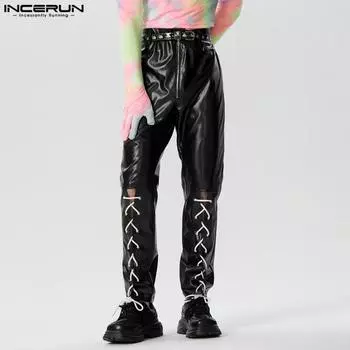 INCERUN Мужские кожаные узкие длинные брюки на молнии и шнурке