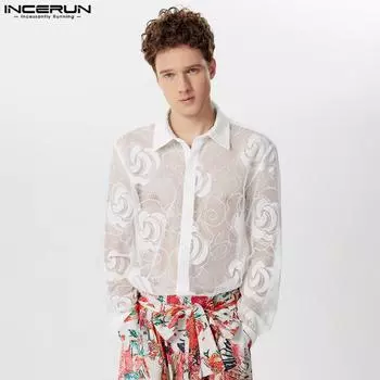 INCERUN Мужские кружевные лоскутные топы с длинным рукавом, сетчатые прозрачные рубашки S