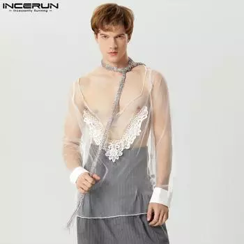 INCERUN Мужские кружевные лоскутные топы с длинным рукавом и V-образным вырезом в сетку XL