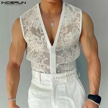 INCERUN Мужские кружевные майки с глубоким V-образным вырезом, прозрачный летний жилет 5XL чёрный
