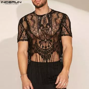INCERUN мужские кружевные прозрачные футболки с кисточками, прозрачные топы 2XL белый