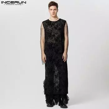 INCERUN Мужские кружевные прозрачные майки без рукавов, повседневные вечерние длинные футболки S