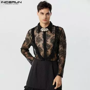 INCERUN Мужские кружевные прозрачные топы с длинными рукавами