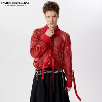 INCERUN Мужские кружевные рубашки с длинными рукавами и блестками с лацканами, прозрачные лоскутные топы
