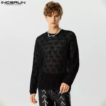 INCERUN мужские кружевные сетчатые вечерние топы с круглым вырезом и длинными рукавами