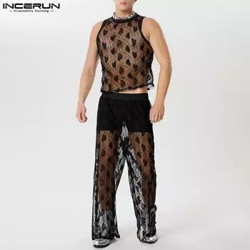 INCERUN мужские кружевные топы, комплекты из двух предметов, сетчатые прозрачные майки, брюки, комплекты 3XL чёрный
