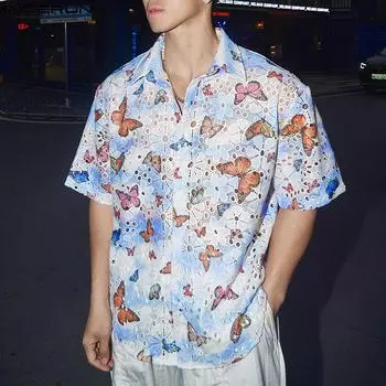 INCERUN Мужские кружевные топы на пуговицах, вязаные крючком, праздничные рубашки с сетчатым принтом