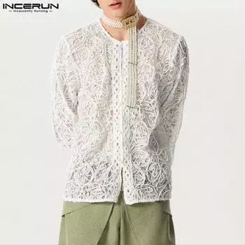 INCERUN Мужские кружевные топы с длинным рукавом, вязаные крючком, пляжные праздничные полые рубашки M белый