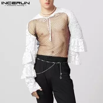 INCERUN Мужские кружевные топы со шнуровкой, прозрачные, кружевные, короткие, сетчатые, для клубной вечеринки, футболки S