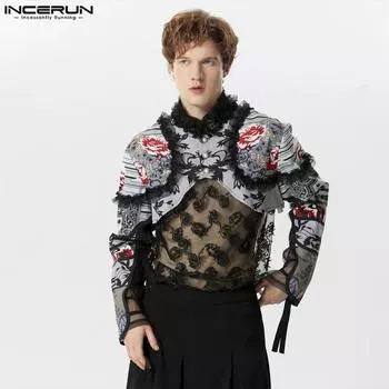 INCERUN мужские кружевные укороченные топы с цветочным принтом и длинными рукавами, вечерние короткие кардиганы