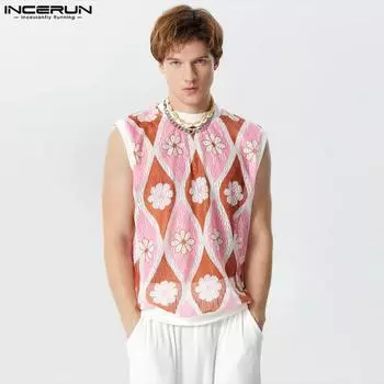 INCERUN мужские кружевные вязаные крючком летние майки без рукавов, жилет S розовый