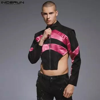 INCERUN Мужские куртки с длинными рукавами и цветной застежкой-молнией нестандартной формы Топы