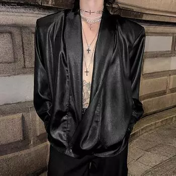 INCERUN Мужские лацканы с длинным рукавом, открытый спереди, нестандартные кожаные пальто из искусственной кожи 2XL чёрный