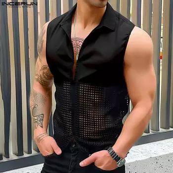 INCERUN мужские летние без рукавов ажурные лоскутные майки мышечный кружевной жилет 3XL чёрный