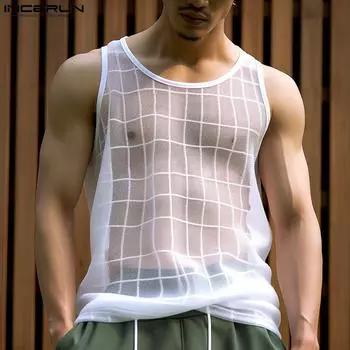 INCERUN Мужские летние без рукавов прозрачные сетчатые топы в клетку в клетку