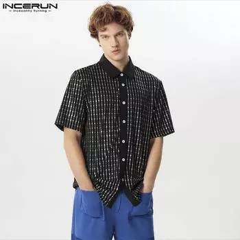 INCERUN мужские летние блестящие футболки с короткими рукавами и отворотами на пуговицах и блестках
