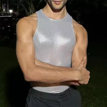 INCERUN мужские летние блестящие топы без рукавов жилет вечерние клубная одежда для ночного клуба S розовый